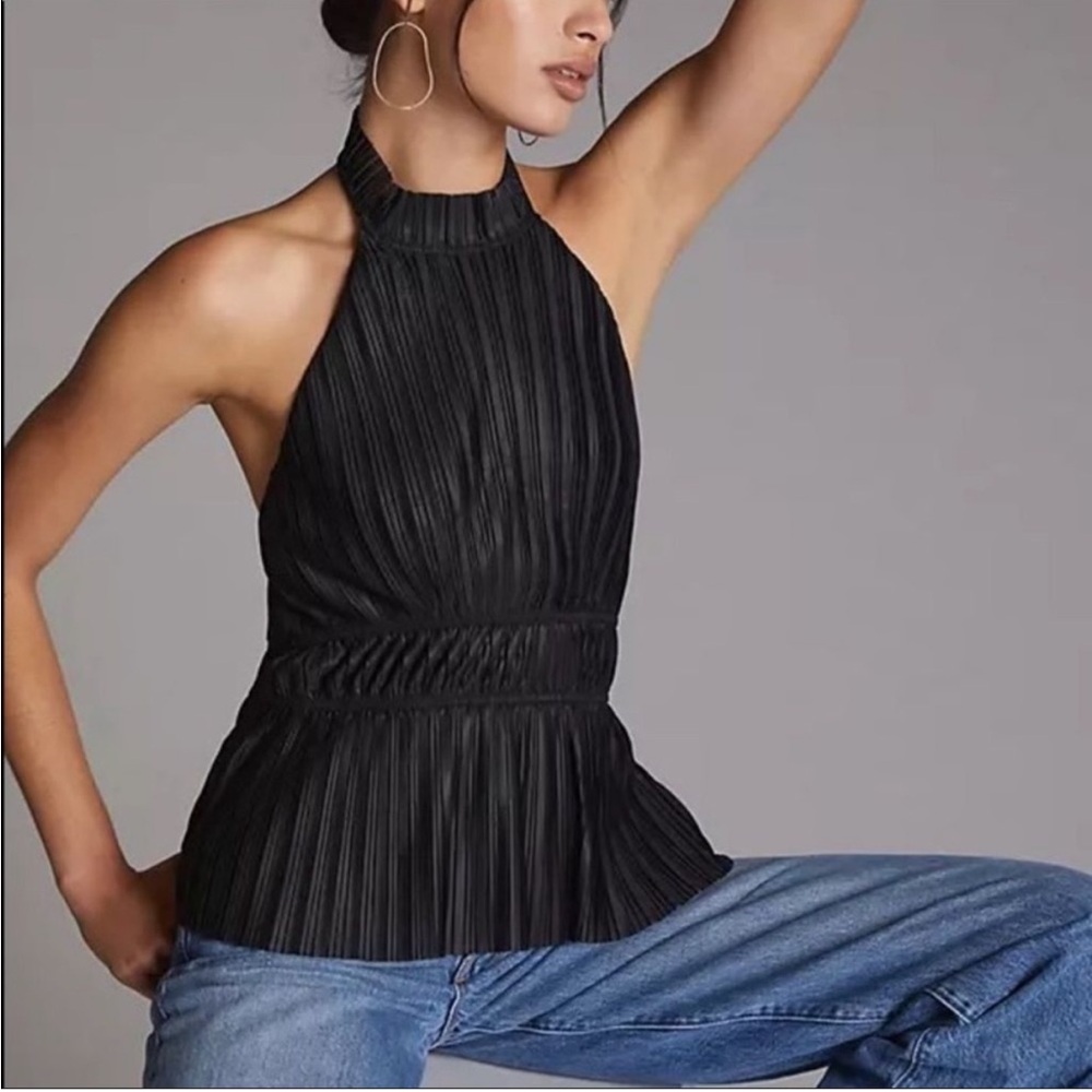 Anthropologie En Elly Black Pleated Halter Neck Open Back Top Sz‎ M NEW